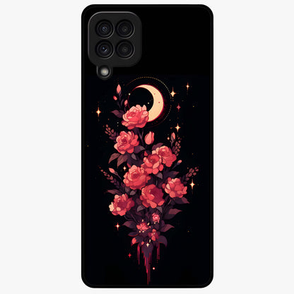 Moonlit Floral Elegance Glass Case showing flat back view with elegant floral artwork under moonlit tones and glossy glass finish.
