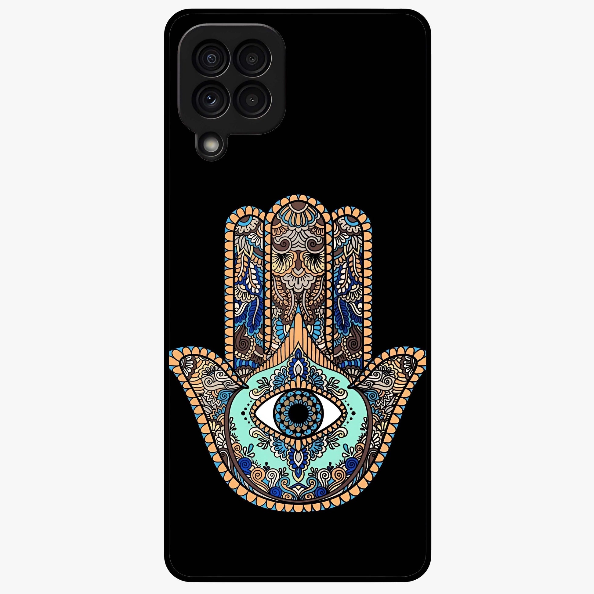 Mystic Hamsa Eye Glass Case showing flat back view with protective hamsa hand and evil eye artwork and glossy glass finish.