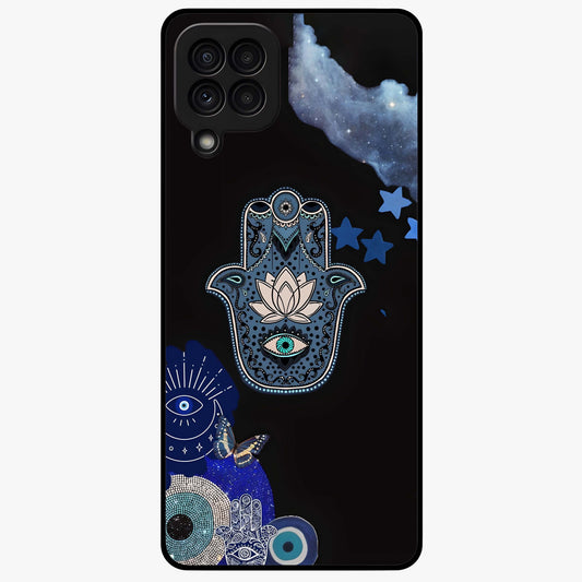 Mystic Hand Aura Glass Case showing flat back view with mystical hand symbol artwork and glossy glass finish.