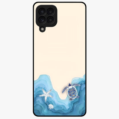 Ocean Drift Turtle Glass Case showing flat back view with sea turtle artwork and glossy glass finish.