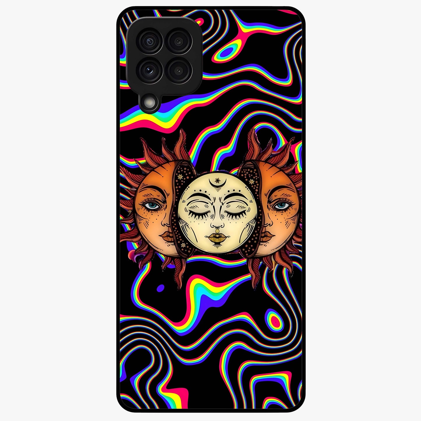 Psychedelic Sun Glass Case showing flat back view with colorful psychedelic sun artwork and glossy glass finish.