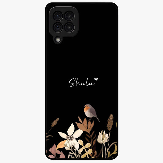 Quiet Garden Tune Custom Name Glass Case showing flat back view with peaceful garden artwork and personalized name design.