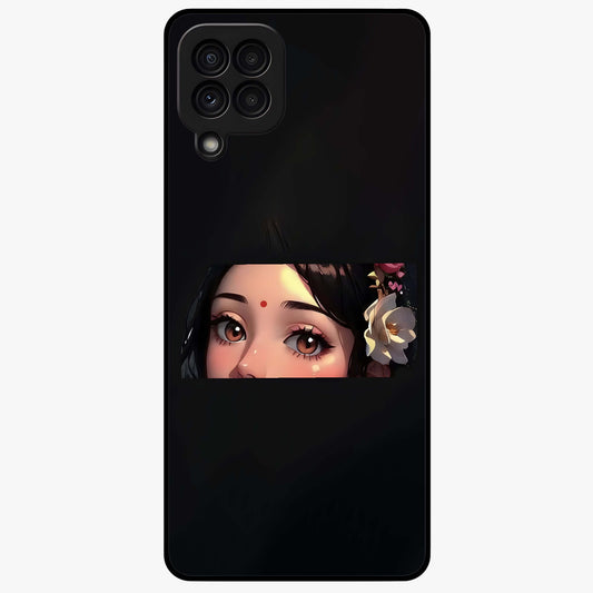 Radha Divine Embrace Glass Case showing flat back view with devotional Radha artwork and glossy glass finish.