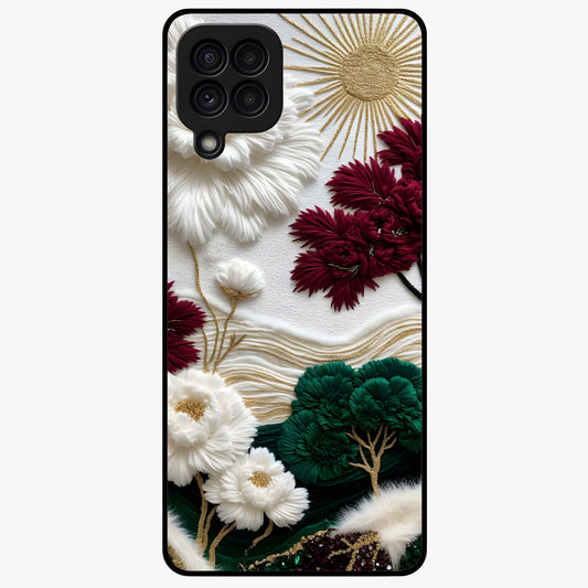 Radiant Bloom Elegance Glass Case showing flat back view with elegant blooming flower artwork and glossy glass finish.