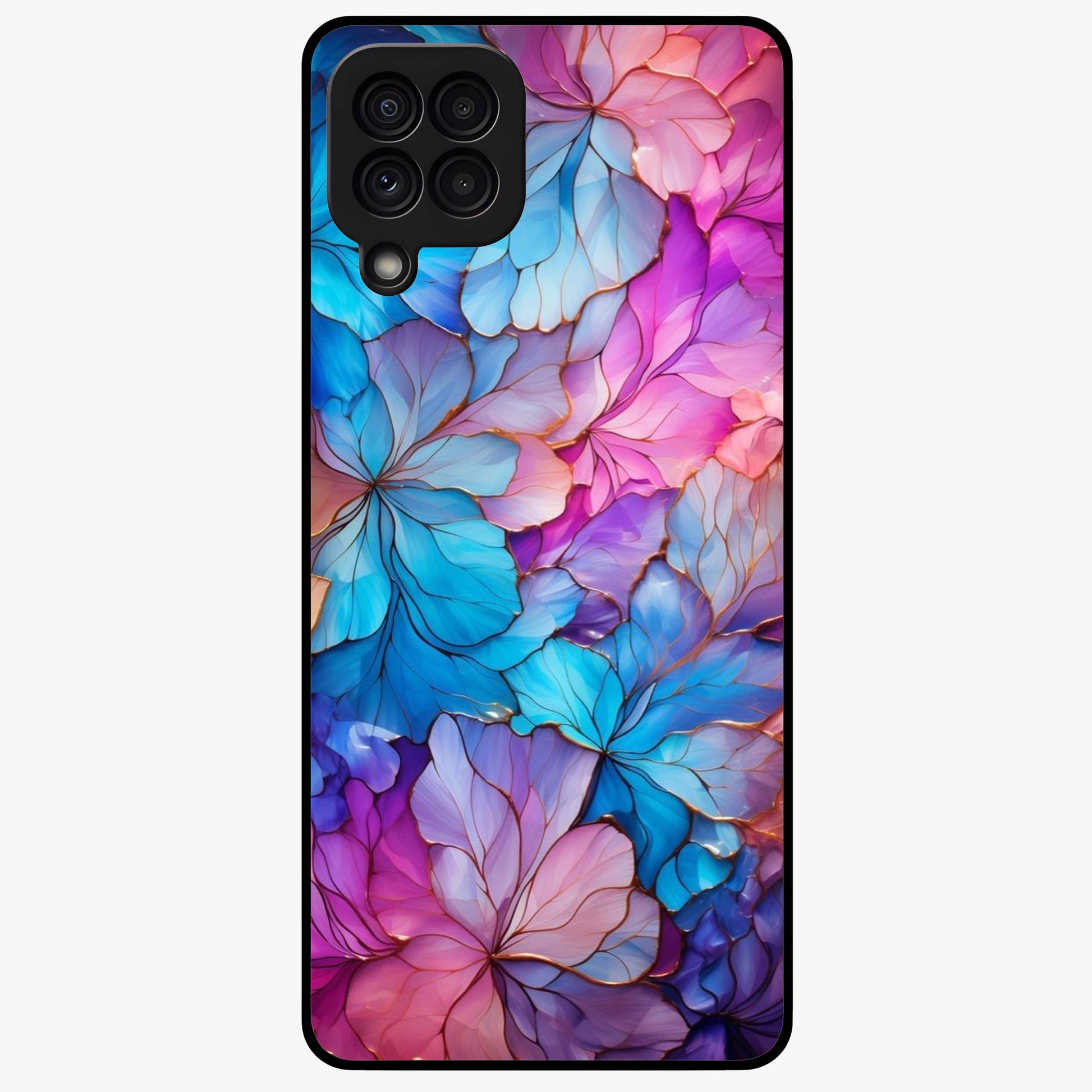 Radiant Floral Whirl Glass Case showing flat back view with swirling floral artwork and glossy glass finish.