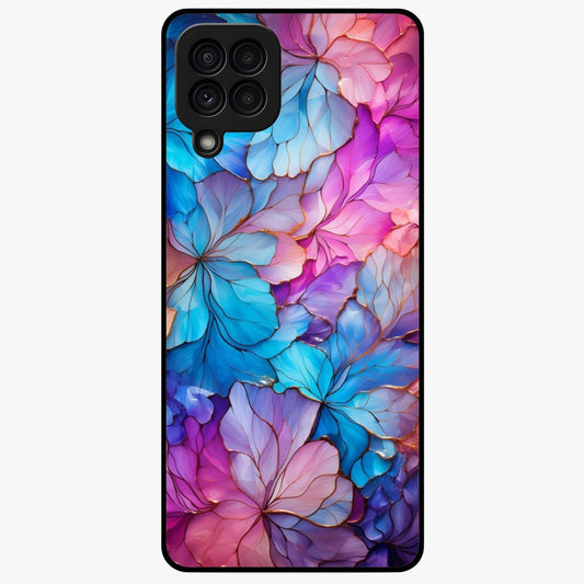 Radiant Floral Whirl Glass Case showing flat back view with swirling floral artwork and glossy glass finish.