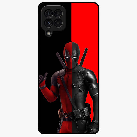 Red & Black Deadpool Theme Glass Case showing flat back view with bold comic inspired artwork and glossy glass finish.