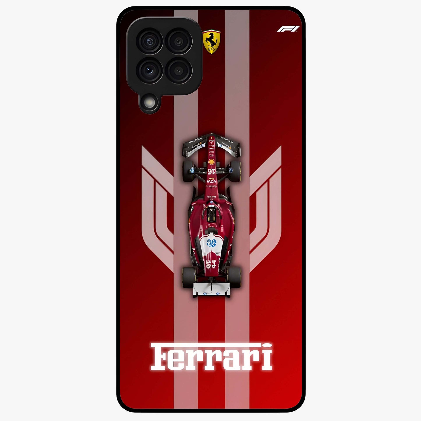 Red Ferrari F1 Vertical Glass Case showing flat back view with sleek Formula racing car artwork and glossy glass finish.