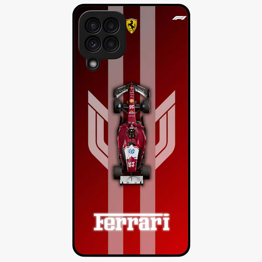 Red Ferrari F1 Vertical Glass Case showing flat back view with sleek Formula racing car artwork and glossy glass finish.