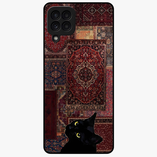 Regal Magic Cat Apple Glass Case showing flat back view with magical cat artwork holding apple and glossy glass finish.