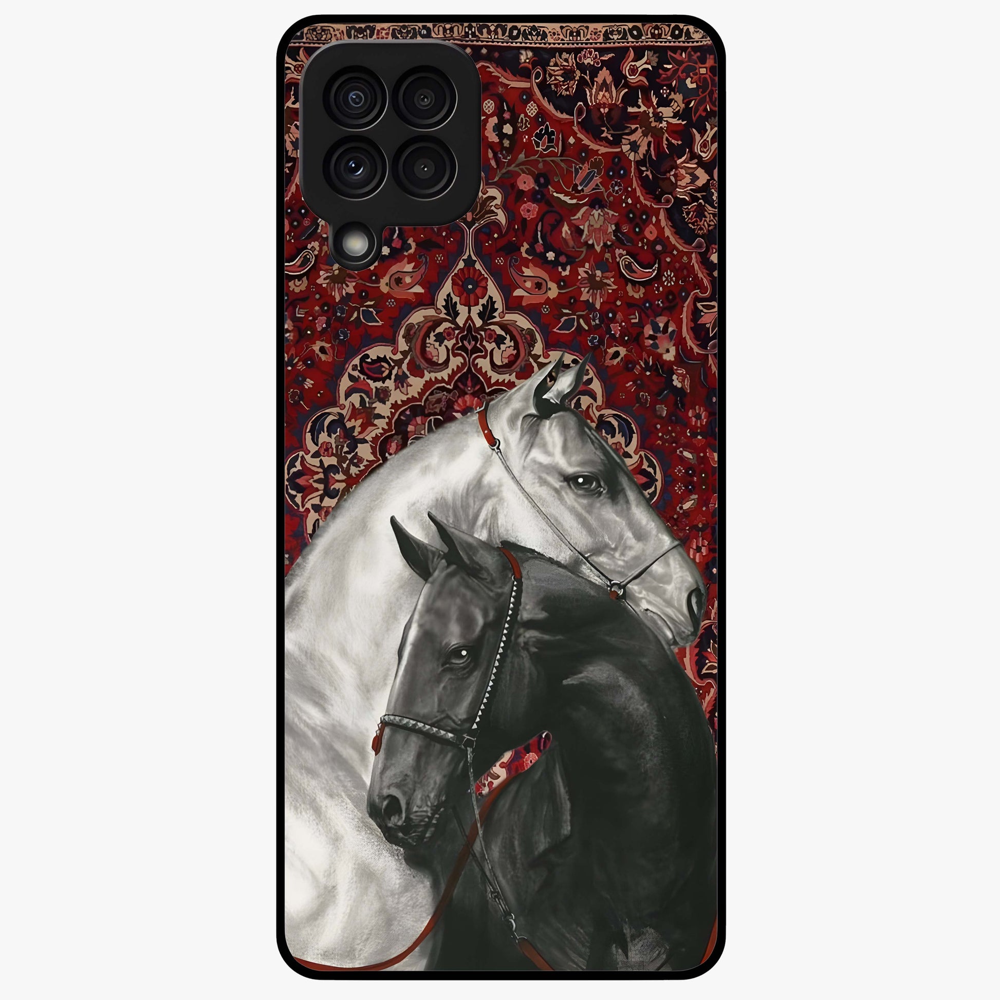 Regal Stallion Tapestry Glass Case showing flat back view with majestic horse tapestry artwork and glossy glass finish.
