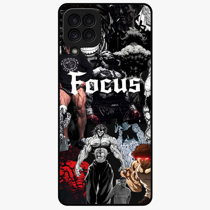 Relentless Power Focus Glass Case showing flat back view with motivational typography artwork and glossy glass finish.