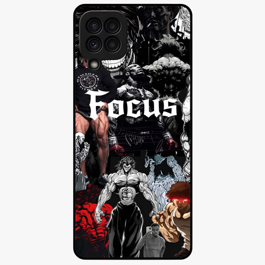 Relentless Power Focus Glass Case showing flat back view with motivational typography artwork and glossy glass finish.