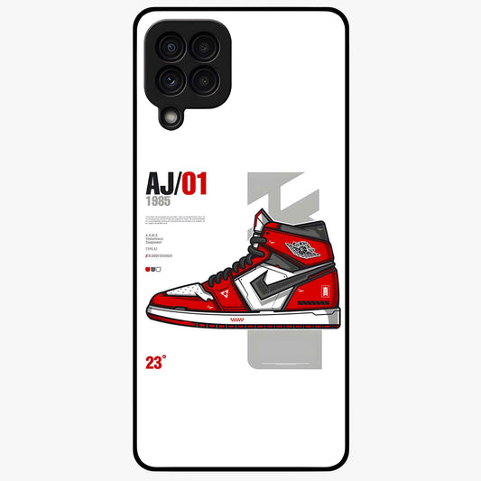 Retro Sneaker Blueprint Glass Case showing flat back view with sneaker blueprint style artwork and glossy glass finish.