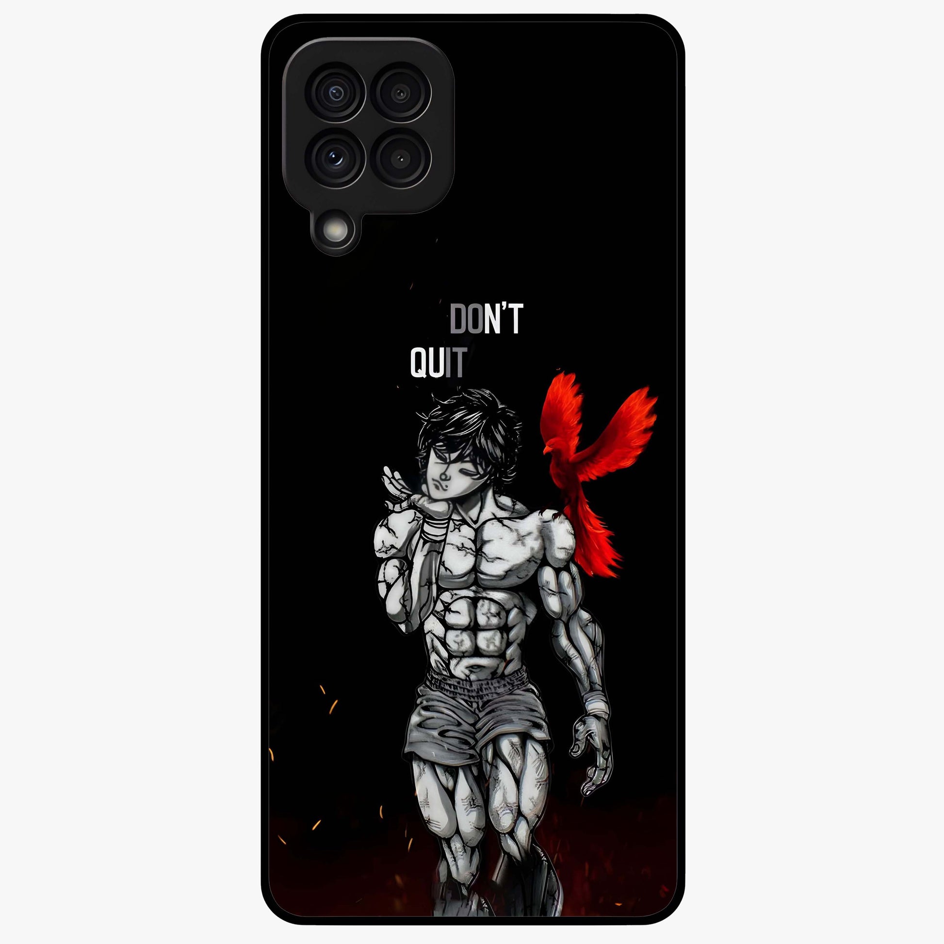 Rise Beyond Limits Glass Case showing flat back view with motivational typography artwork and glossy glass finish.