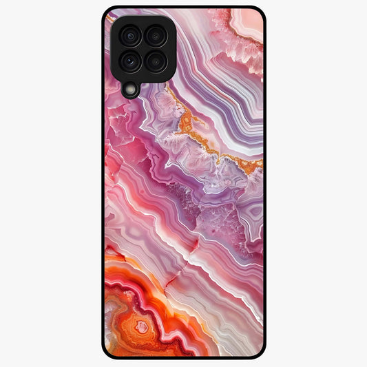 Rose Quartz Marble Glass Case showing flat back view with pink marble quartz texture artwork and glossy glass finish.