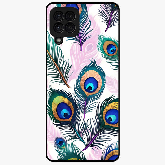 Royal Peacock Feathers Glass Case showing flat back view with colorful peacock feather artwork and glossy glass finish.