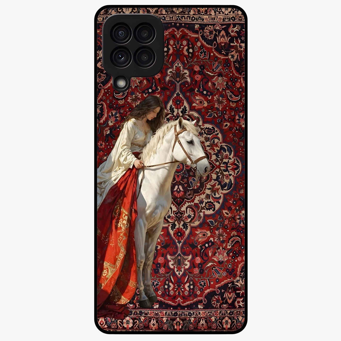 Royal Rider Tapestry Glass Case showing flat back view with majestic horse rider tapestry artwork and glossy glass finish.