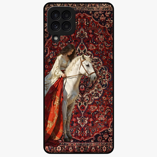 Royal Rider Tapestry Glass Case showing flat back view with majestic horse rider tapestry artwork and glossy glass finish.