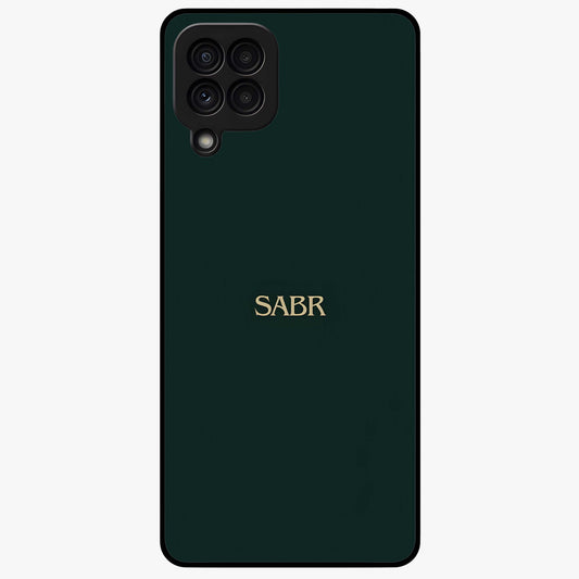 Sabr Minimal Patience Glass Case showing flat back view with minimalist typography artwork and glossy glass finish.