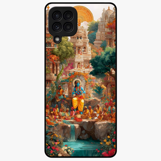 Sacred Sunlight Gods Glass Case showing flat back view with divine sunlight themed artwork and glossy glass finish.