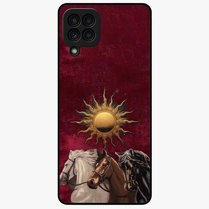 Solar Riders Glass Case showing flat back view with dynamic rider themed artwork and glossy glass finish.