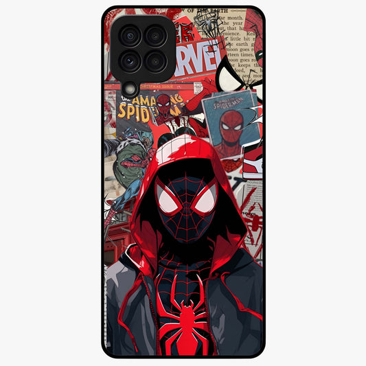 Spider Collage Street Glass Case showing flat back view with vibrant superhero collage artwork and glossy glass finish.