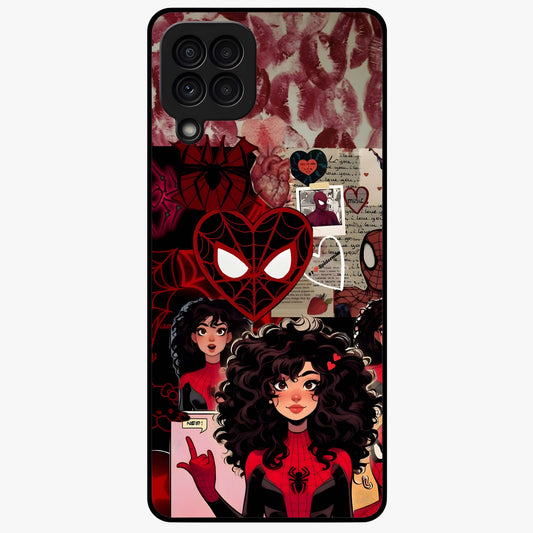 Spider Love Story Glass Case showing flat back view with romantic superhero themed artwork and glossy glass finish.