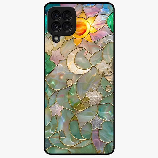 Stained Sunrise Glow Glass Case showing flat back view with glowing sunrise stained pattern artwork and glossy glass finish.