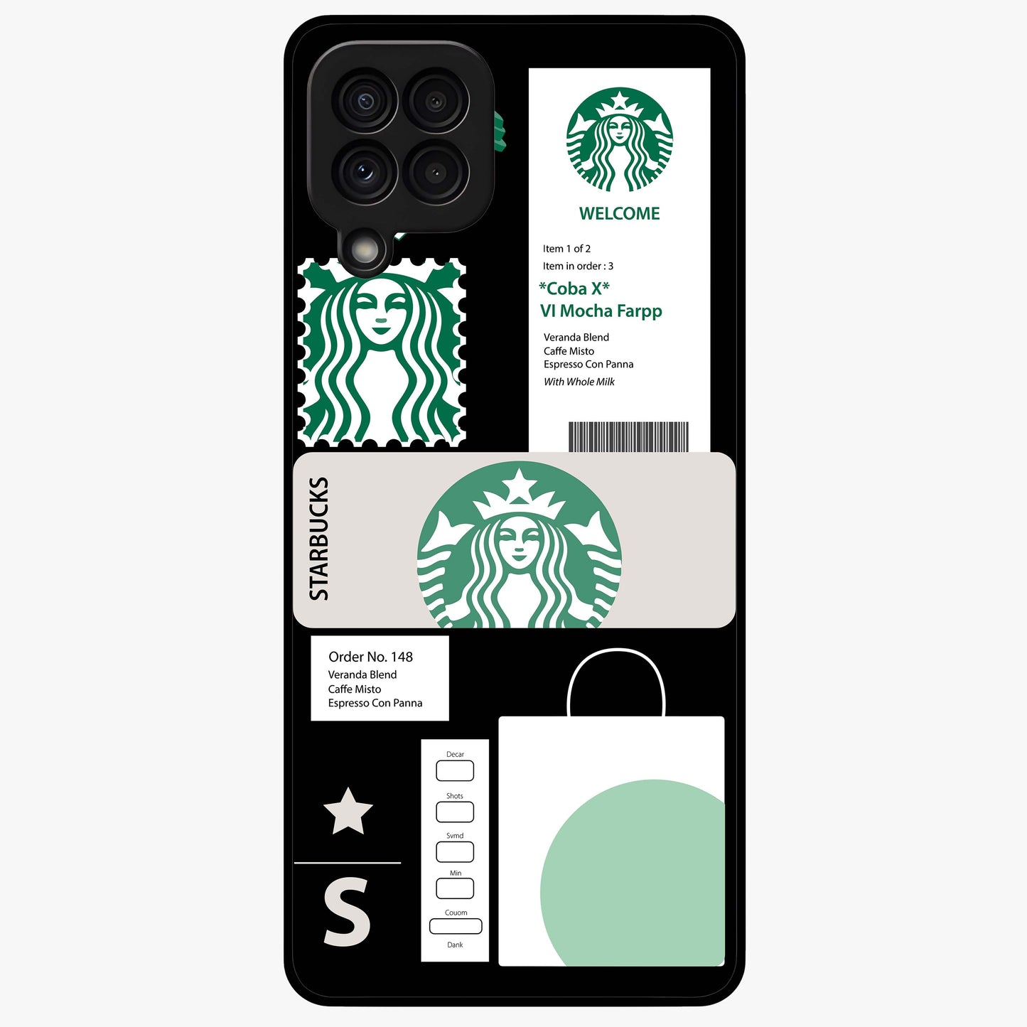 Starbucks Mocha Glass Case showing flat back view with coffee inspired artwork and glossy glass finish.