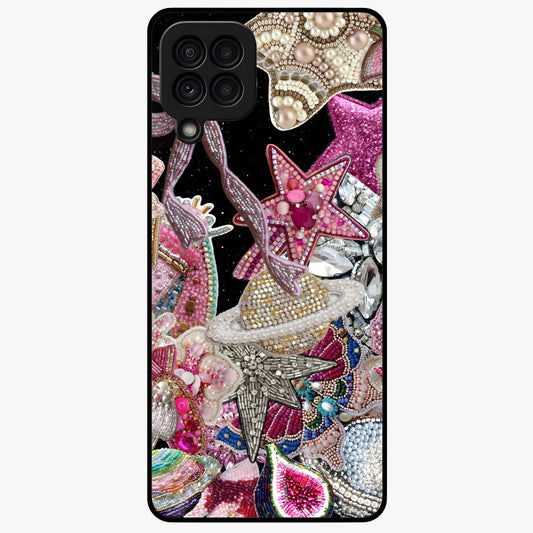 Starlit Jewel Dream Glass Case showing flat back view with sparkling jewel and star themed artwork and glossy glass finish.