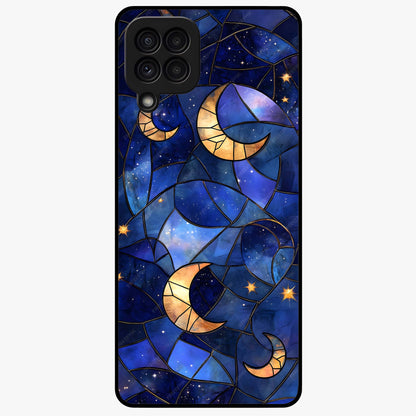 Starlit Sky Tapestry Glass Case showing flat back view with decorative starry sky tapestry artwork and glossy glass finish.