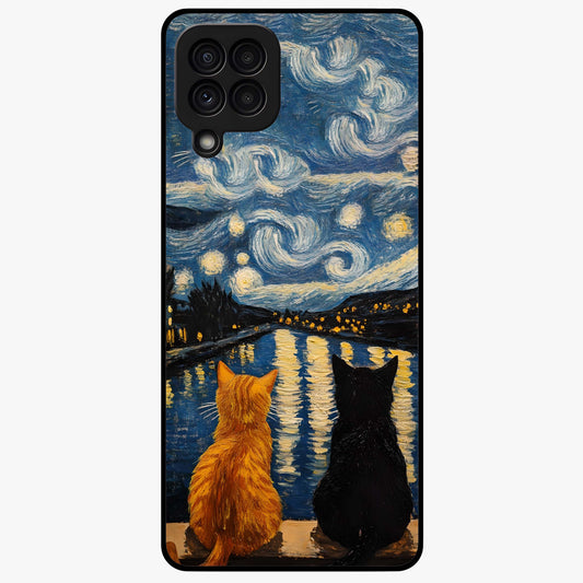 Starry River Cats Glass Case showing flat back view with cats by a starry river artwork and glossy glass finish.