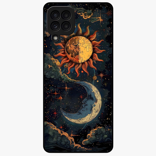 Sun And Moon Magic Design Glass Case showing flat back view with mystical sun and moon artwork and glossy glass finish.