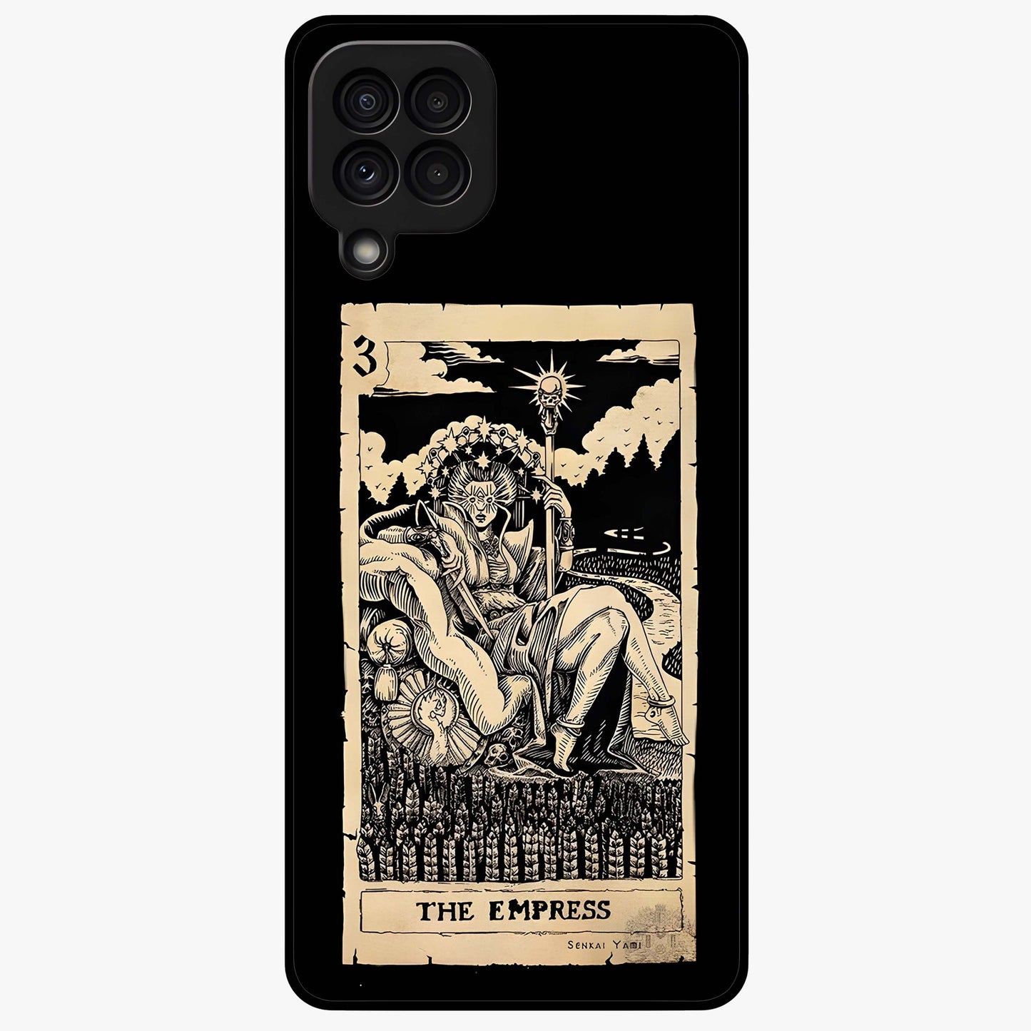 The Empress Glass Case showing flat back view with regal feminine artwork and glossy glass finish.
