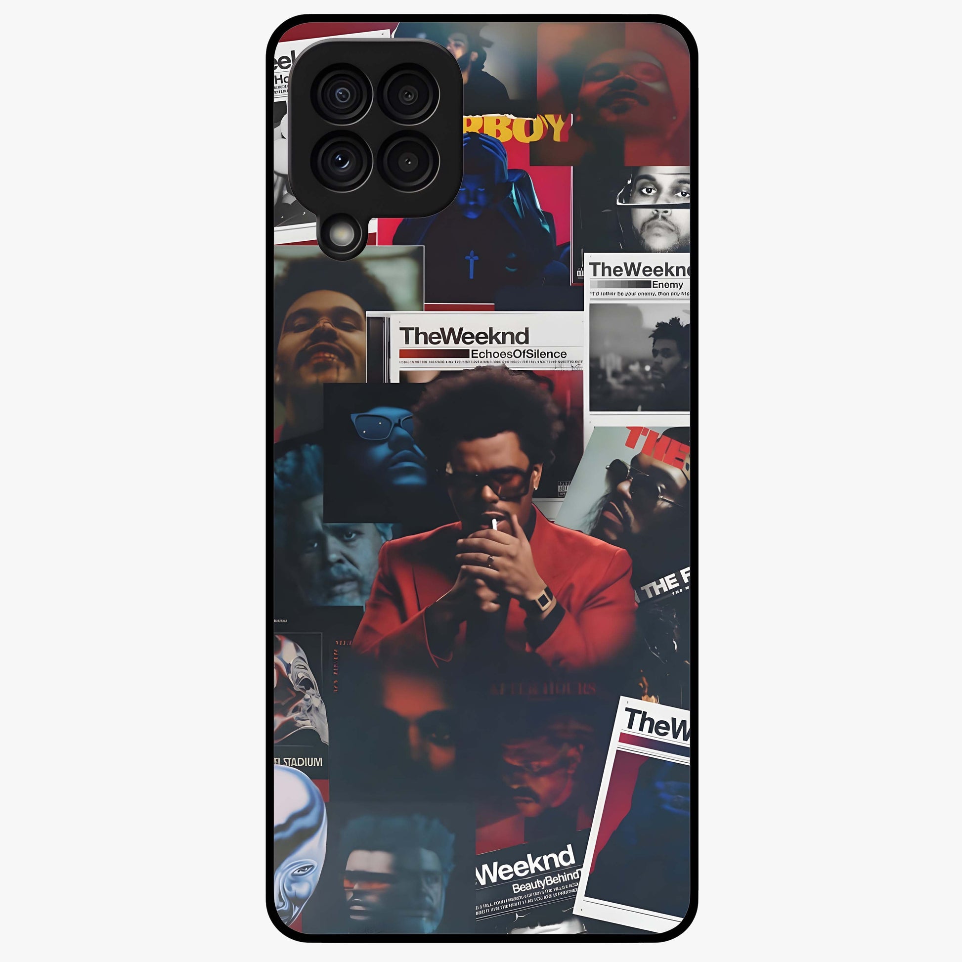 The Weeknd Glass Case showing flat back view with music inspired artistic portrait artwork and glossy glass finish.