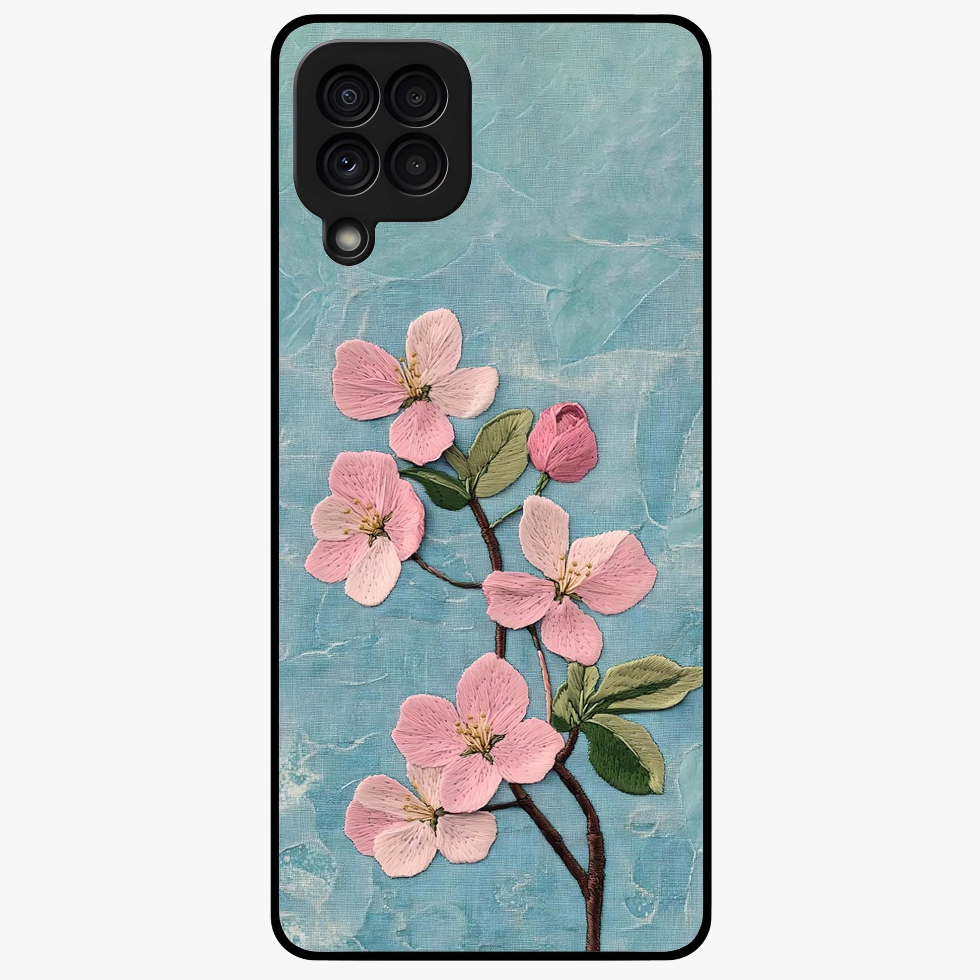 Threaded Blossom Breeze Glass Case showing flat back view with delicate blossom artwork and glossy glass finish.