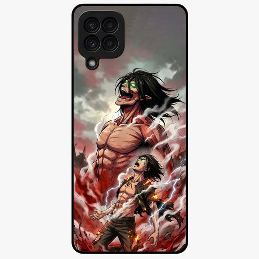Titan Awakening Fury Glass Case showing flat back view with powerful titan inspired artwork and glossy glass finish.