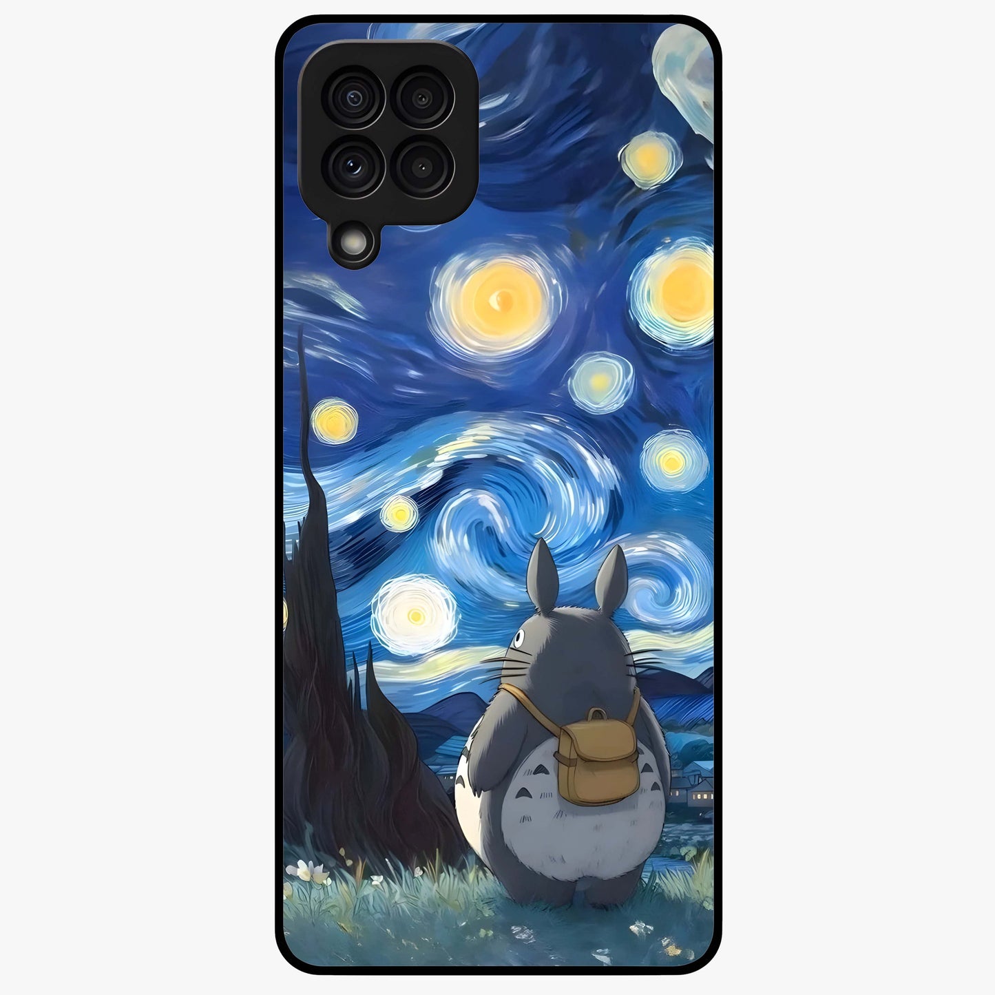 Totoro In Van Gogh Art Glass Case showing flat back view with whimsical character artwork inspired by Van Gogh style and glossy glass finish.