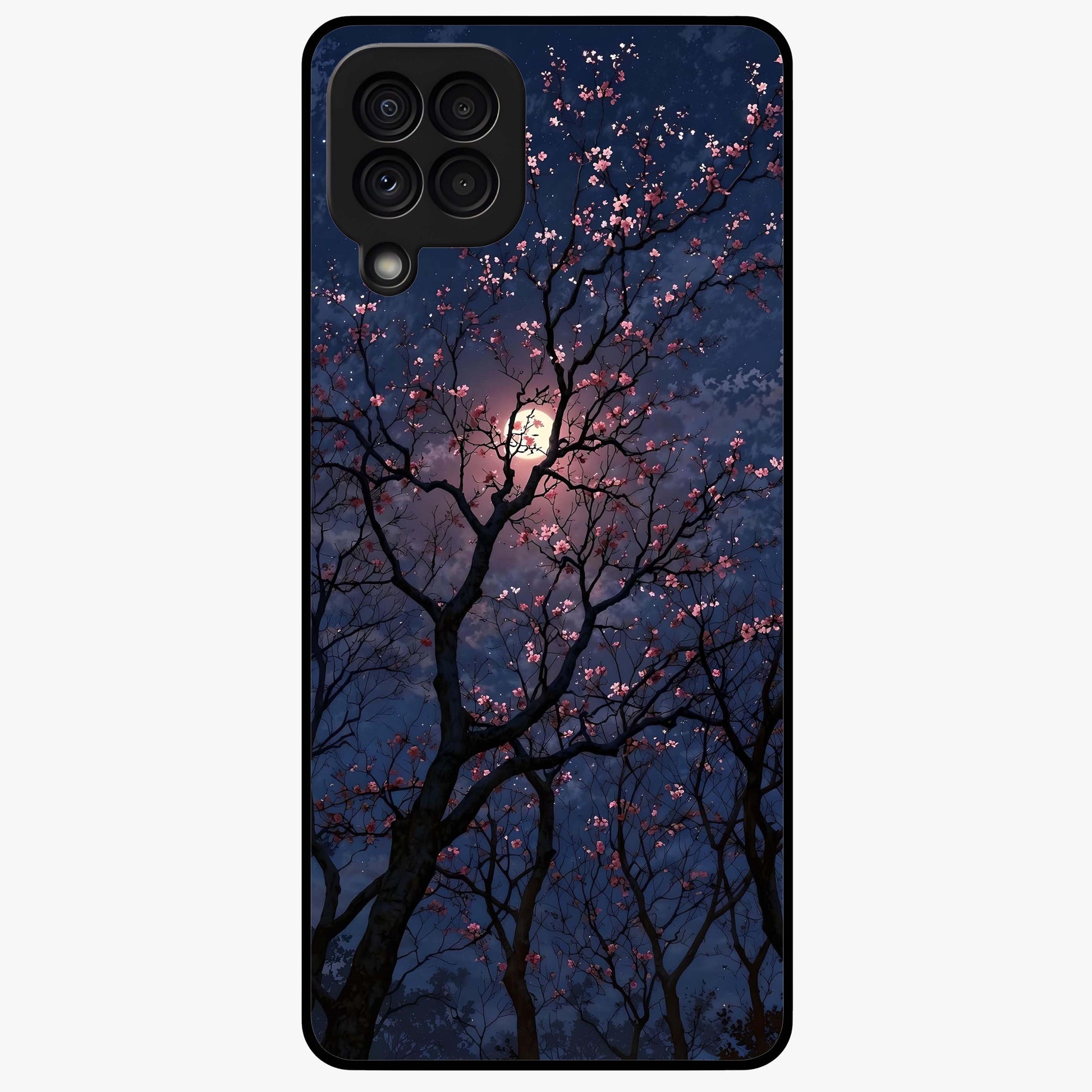 Twilight Sakura Serenade Glass Case showing flat back view with cherry blossom artwork at twilight and glossy glass finish.