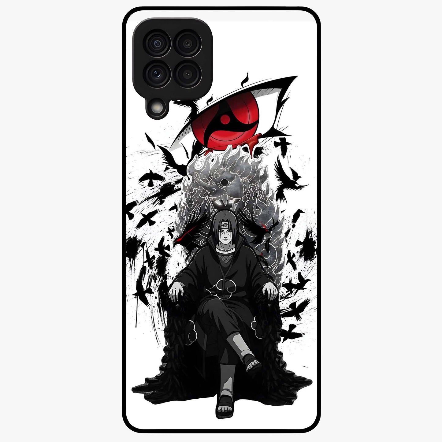 Uchiha Shadow Throne Glass Case showing flat back view with cosmic underwater themed artwork and glossy glass finish.