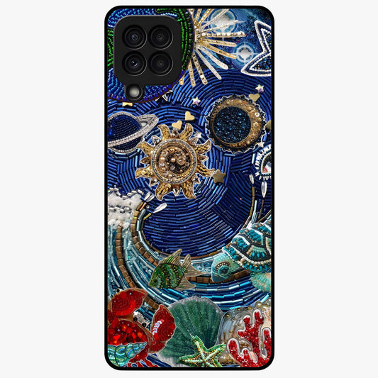 Universe Underwater Spark Glass Case showing flat back view with cosmic underwater themed artwork and glossy glass finish.