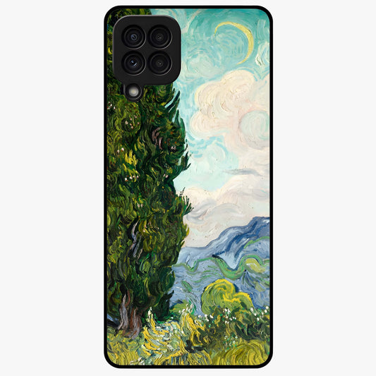 Van Gogh Vintage Art Glass Case showing flat back view with vintage painterly artwork inspired by Van Gogh style and glossy glass finish.