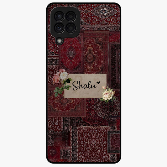 Velvet Wine Pattern Custom Name Glass Case showing flat back view with elegant wine colored pattern artwork and personalized name design.