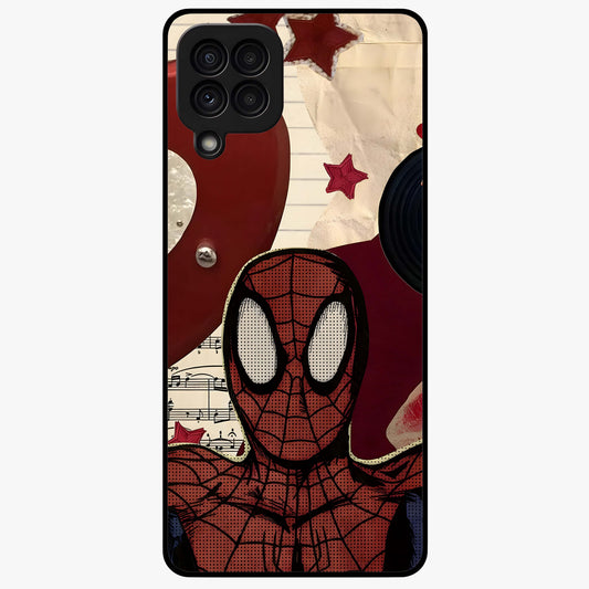Web Warrior Vibes Glass Case showing flat back view with superhero inspired web themed artwork and glossy glass finish.