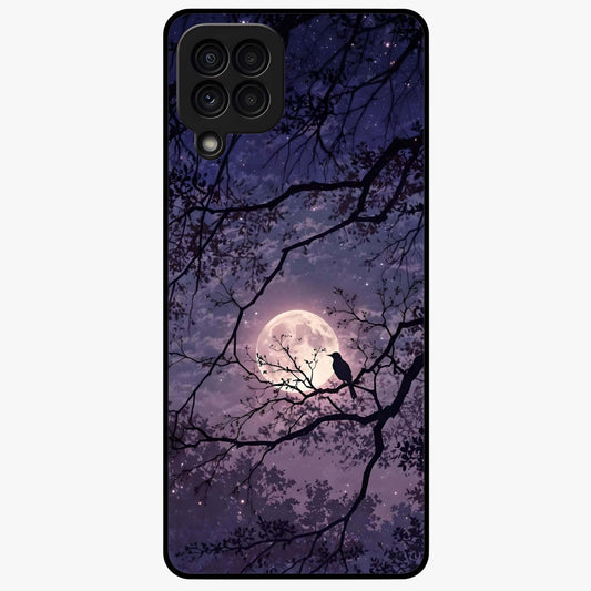 Whispering Moon Silence Glass Case showing flat back view with serene moon themed artwork and glossy glass finish.