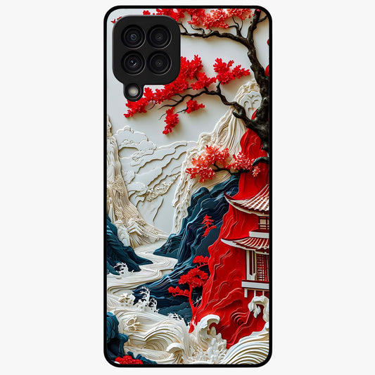 Whispers Of Sakura Waves Glass Case showing flat back view with cherry blossom wave artwork and glossy glass finish.