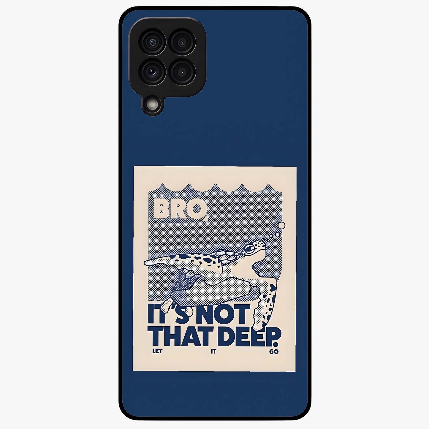 Worry Less Swim Glass Case showing flat back view with playful motivational artwork and glossy glass finish.