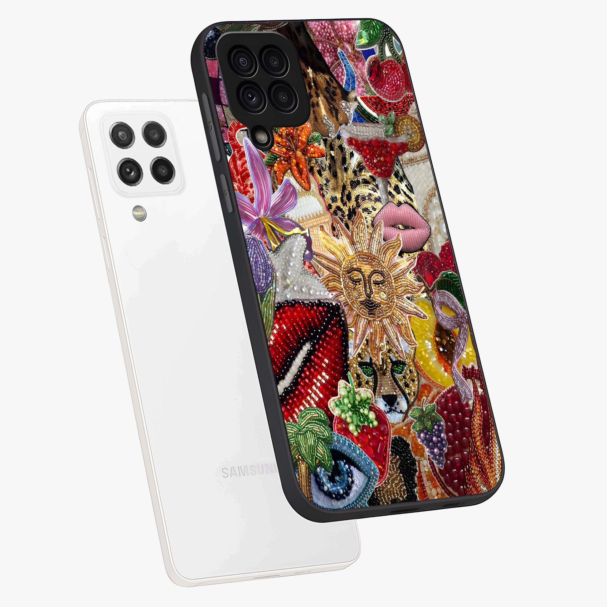 Beaded Fashion Jungle Glass Case displayed in angled mockup highlighting colorful fashion bead design and artistic pattern.