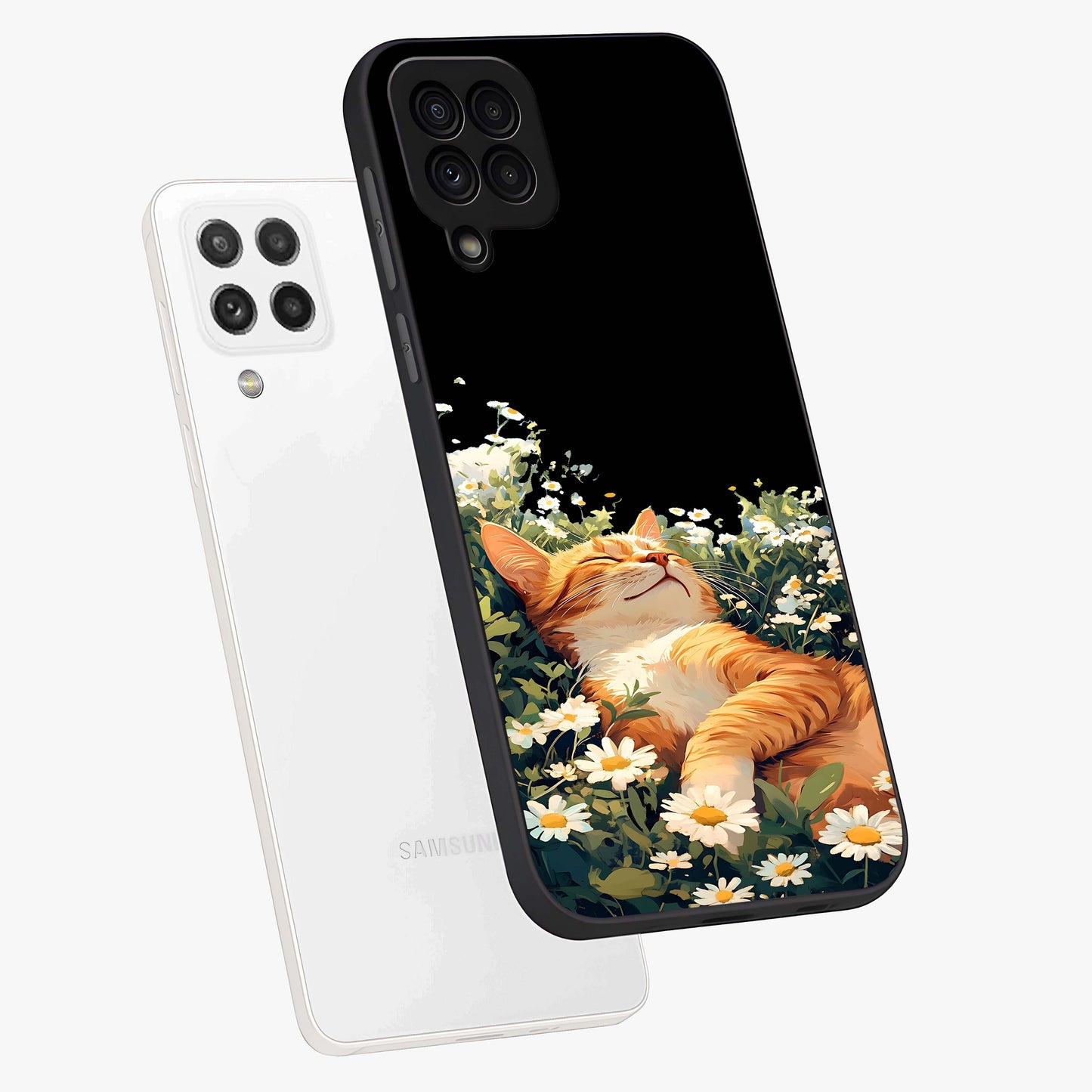 Blissful Bloom Cat Glass Case displayed in angled mockup highlighting playful feline illustration with soft floral aesthetic.